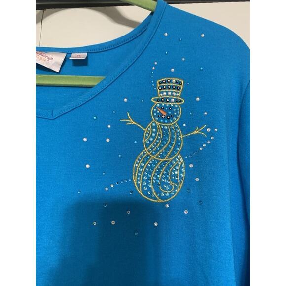 Quacker Factory Turquoise Aqua Blue Knit Tunic Top With A Rhinestone Snowman 3X - Picture 2 of 6